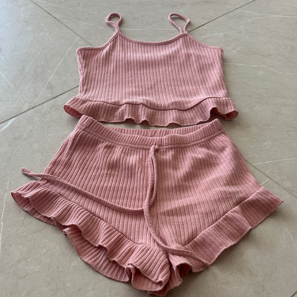 Pink Ribbed Ruffle Tank and Shorts lounge Set